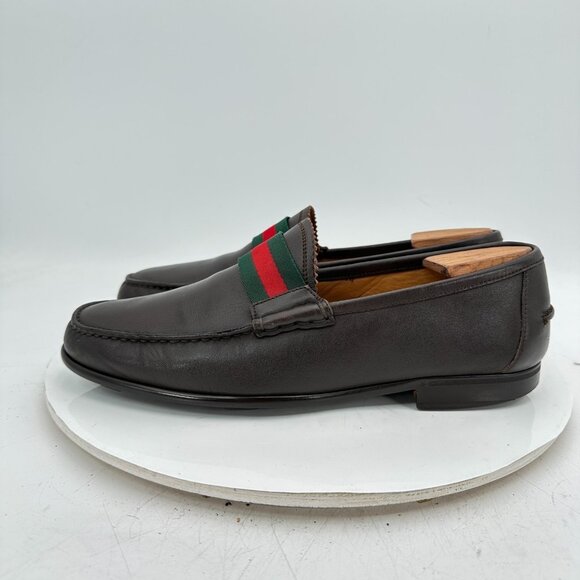 xGucci Men Sz UK 7 US 7.5  Black Leather Green Red Slip On Loafer Dress Shoes - Picture 2 of 13